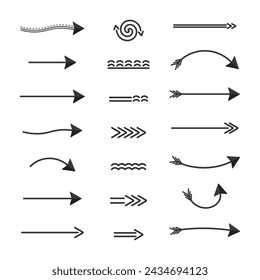 Arrows direction of movement, a set of black arrows of different shapes dotted twisted pointers landmarks. Vector elements isolate.