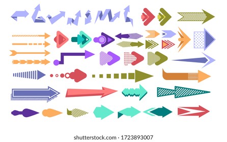 Arrows and direction signs. Cursor and interface navigation elements in shape of arrow. Colorful pointers isolated on white background. Direction signs for web or mobile application design.