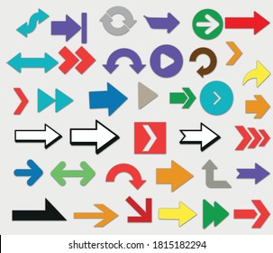 Arrows and direction signs. Cursor and interface navigation elements in shape of arrow. Colorful pointers isolated on white background. Direction signs for web or mobile application design.