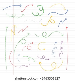 arrows, directions, colored pencils, crayons, decorations, notes, highlights, colorful