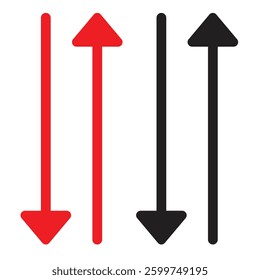 Arrows and directions signs down or download,. different thicknesses from thin to thick. red Vector arrows isolated on white background