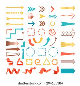 Arrows and directions signs in flat style. Vector colored arrows on white background