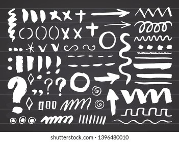 Arrows, dividers and borders, elements hand drawn set vector illustration on chalkboard background