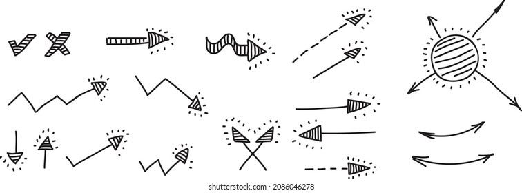 Flechas y elementos de doodle. Esbozo de ilustraciones de vector dibujadas a mano.