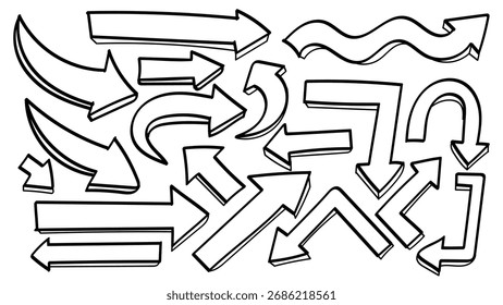 Arrows Doodle Line Art Colección Dibujada a Mano Set en Sketchy 3D y Estilos Curvos. Ilustración vectorial