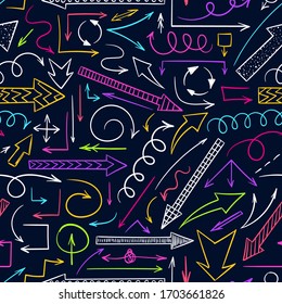 Arrows doodle pattern. Sketch. Scribbles. Quirky. Simple backdrop. Arrows pattern background. Up, down, left, right arrows background. 