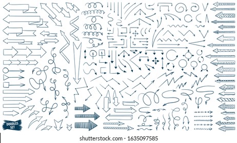 Arrows doodle set. Big collection of arrow sketches. Sketchbook scribbles. Up, down, left, right signs.