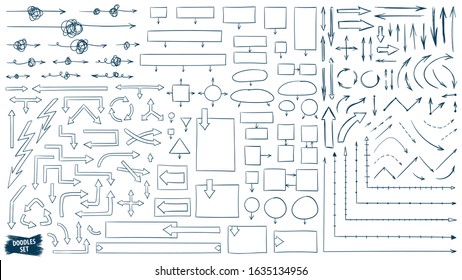 Arrows doodle set. Big collection of arrow sketches. Sketchbook scribbles. Up, down, left, right signs.