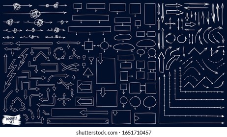 Arrows doodle set. Big collection of arrow sketches. Infographic symbols collection. Sketchbook scribbles. Up, down, left, right signs.