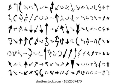 Arrows doodle set. Big collection of different shape round twisted arrowhead computer cursors pointers isolated on white background. Navigation symbol vector abstract illustration for print.