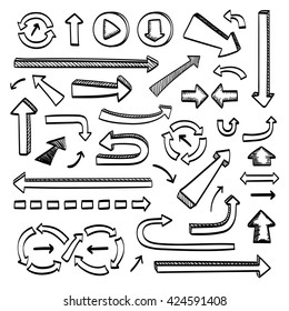 Arrows doodle set. Hand drawn sketch icons. Vector illustration. Isolated on white background.
