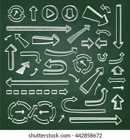 Arrows doodle set. Hand drawn sketch icons on chalkboard. Vector illustration. 