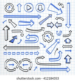 Arrows doodle set on paper background. Hand drawn sketch icons in black and blue colors. Vector illustration. 