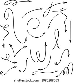 Arrows doodle set in sketch style. Vector graphic. Line stroke. Vector illustration element. Graph sketch. Pencil icon.
