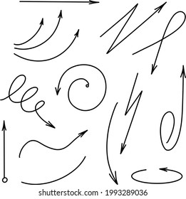 Arrows doodle set in sketch style. Vector graphic. Line stroke. Vector illustration element. Graph sketch. Pencil icon.