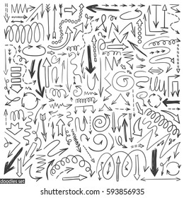 Arrows doodle vector. Set of simple arrow sketches. Business scribble collection. Up, down, left, right drawn elements. Pencil effect sketch isolated on white background.