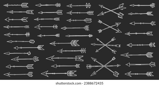 Arrows doodles set. Boho style. Doodle bow arrows collection. Simple ethnic sketch. Tribal ornament. Bohemian style. Folk ornaments. Native fashion.