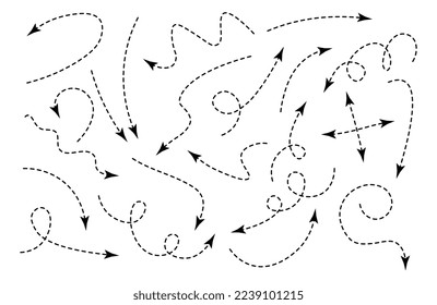 Arrows dotted set. Collection of graphic elements for website, interface for programs and applications. Navigation, geolocation and map. Cartoon flat vector illustrations isolated on white background
