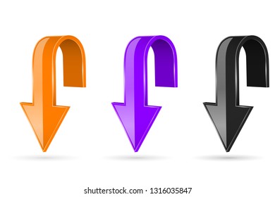 Arrows. Down 3d shiny signs. Vector illustration isolated on white background