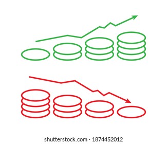 Arrows UP and DOWN. Green and red icons. Vector illustration isolated on white background.