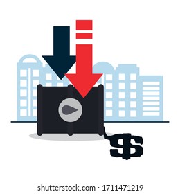 arrows down with oil barrel over white background, colorful design, vector illustration