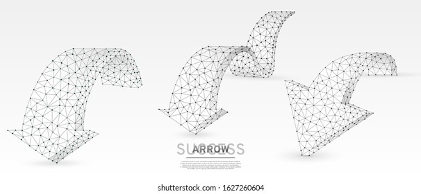 Arrows down, set of challenge signs. Downtrend, destination or goal, business partnership concept on white origami background. Low poly, abstract, polygonal, wireframe 3d vector illustration