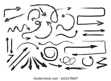 Arrows drawing using digital brushes in grunge style. Black scribble directions and helix arrows for web design, mobile apps, interface. Ink or marker arrowheads vector set. 
