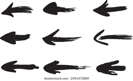 Arrows drawn in black. Silhouettes of arrows drawn by hand with paint.