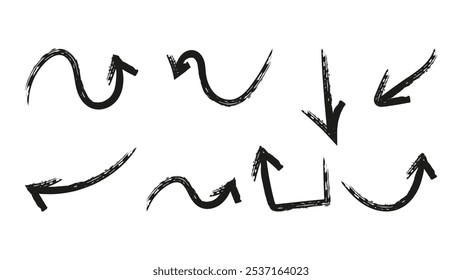 Arrows drawn with brushes for infographic design. Straight curved circular multidirectional. Vector illustration.