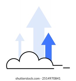 Setas emergindo de uma nuvem para cima em tons azuis no fundo branco. Ideal para crescimento empresarial, progresso, tecnologia, sucesso e temas de computação em nuvem. Estilo minimalista.