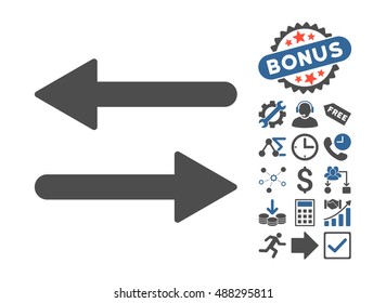Arrows Exchange Horizontal icon with bonus symbols. Vector illustration style is flat iconic bicolor symbols, cobalt and gray colors, white background.