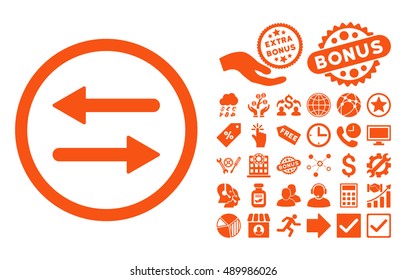 Arrows Exchange icon with bonus elements. Vector illustration style is flat iconic symbols, orange color, white background.