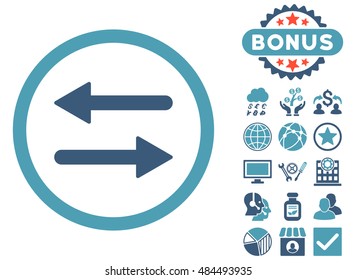 Arrows Exchange icon with bonus pictogram. Vector illustration style is flat iconic bicolor symbols, cyan and blue colors, white background.