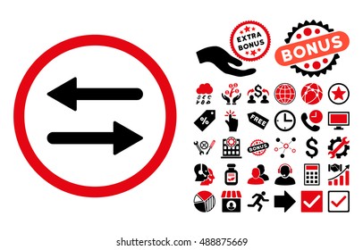 Arrows Exchange icon with bonus pictogram. Vector illustration style is flat iconic bicolor symbols, intensive red and black colors, white background.