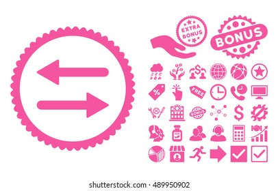 Arrows Exchange pictograph with bonus pictograph collection. Vector illustration style is flat iconic symbols, pink color, white background.
