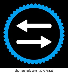 Arrows Exchange round stamp icon. This flat vector symbol is drawn with blue and white colors on a black background.