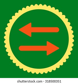 Arrows Exchange round stamp icon. This flat vector symbol is drawn with orange and yellow colors on a green background.