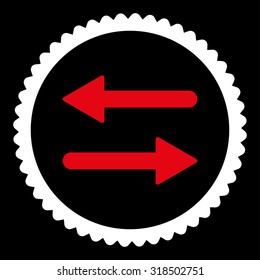 Arrows Exchange round stamp icon. This flat vector symbol is drawn with red and white colors on a black background.