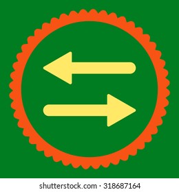 Arrows Exchange round stamp icon. This flat vector symbol is drawn with orange and yellow colors on a green background.