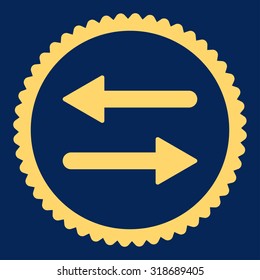 Arrows Exchange round stamp icon. This flat vector symbol is drawn with yellow color on a blue background.