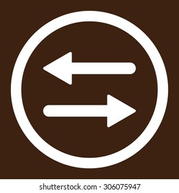 Arrows Exchange vector icon. This rounded flat symbol is drawn with white color on a brown background.