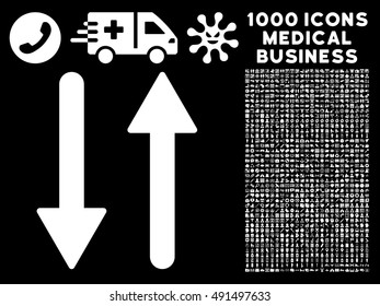 Arrows Exchange Vertical icon with 1000 medical commerce white vector design elements. Design style is flat symbols, black background.
