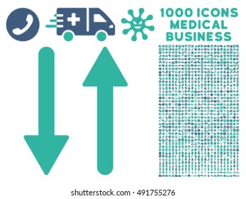 Arrows Exchange Vertical icon with 1000 medical commerce cobalt and cyan vector pictograms. Clipart style is flat bicolor symbols, white background.