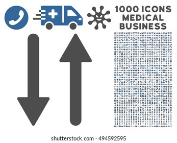 Arrows Exchange Vertical icon with 1000 medical commerce cobalt and gray vector design elements. Clipart style is flat bicolor symbols, white background.