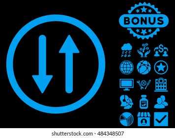 Arrows Exchange Vertical icon with bonus pictures. Vector illustration style is flat iconic symbols, blue color, black background.