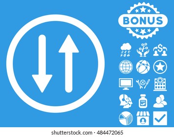 Arrows Exchange Vertical icon with bonus symbols. Vector illustration style is flat iconic symbols, white color, blue background.