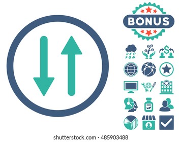 Arrows Exchange Vertical icon with bonus design elements. Vector illustration style is flat iconic bicolor symbols, cobalt and cyan colors, white background.