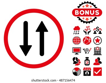 Arrows Exchange Vertical icon with bonus pictogram. Vector illustration style is flat iconic bicolor symbols, intensive red and black colors, white background.