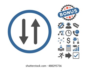 Arrows Exchange Vertical icon with bonus design elements. Vector illustration style is flat iconic bicolor symbols, cobalt and gray colors, white background.