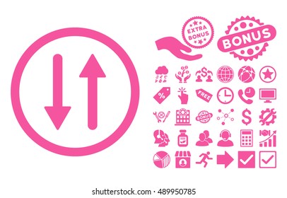 Arrows Exchange Vertical icon with bonus pictures. Vector illustration style is flat iconic symbols, pink color, white background.